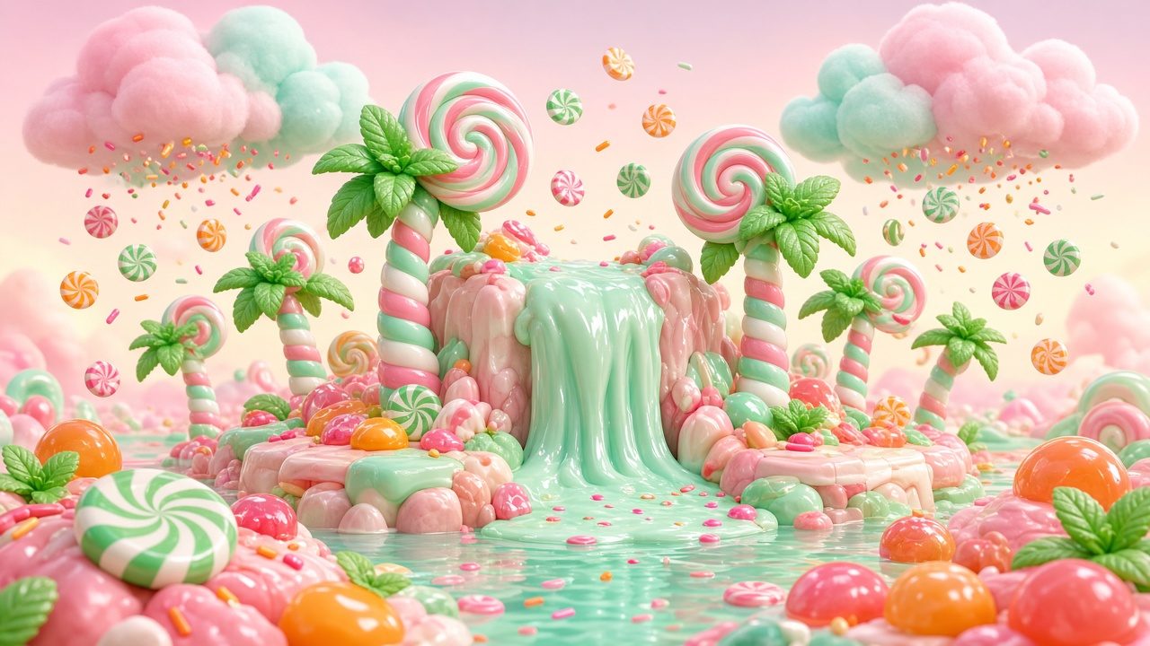 A tropical candy island with swirl-candy palm trees and a mint cream waterfall